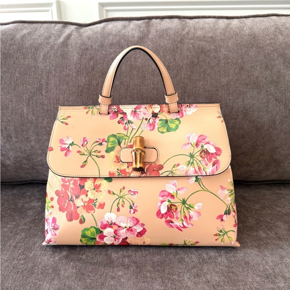 Gucci authentic top handle bag blooms pattern pink leather medium w strap - Picture 14 of 16